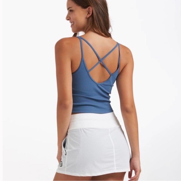 Vuori Rib Crop Ribbed Cropped Tank Top Crossed Back in Pool Blue - Picture 2 of 6